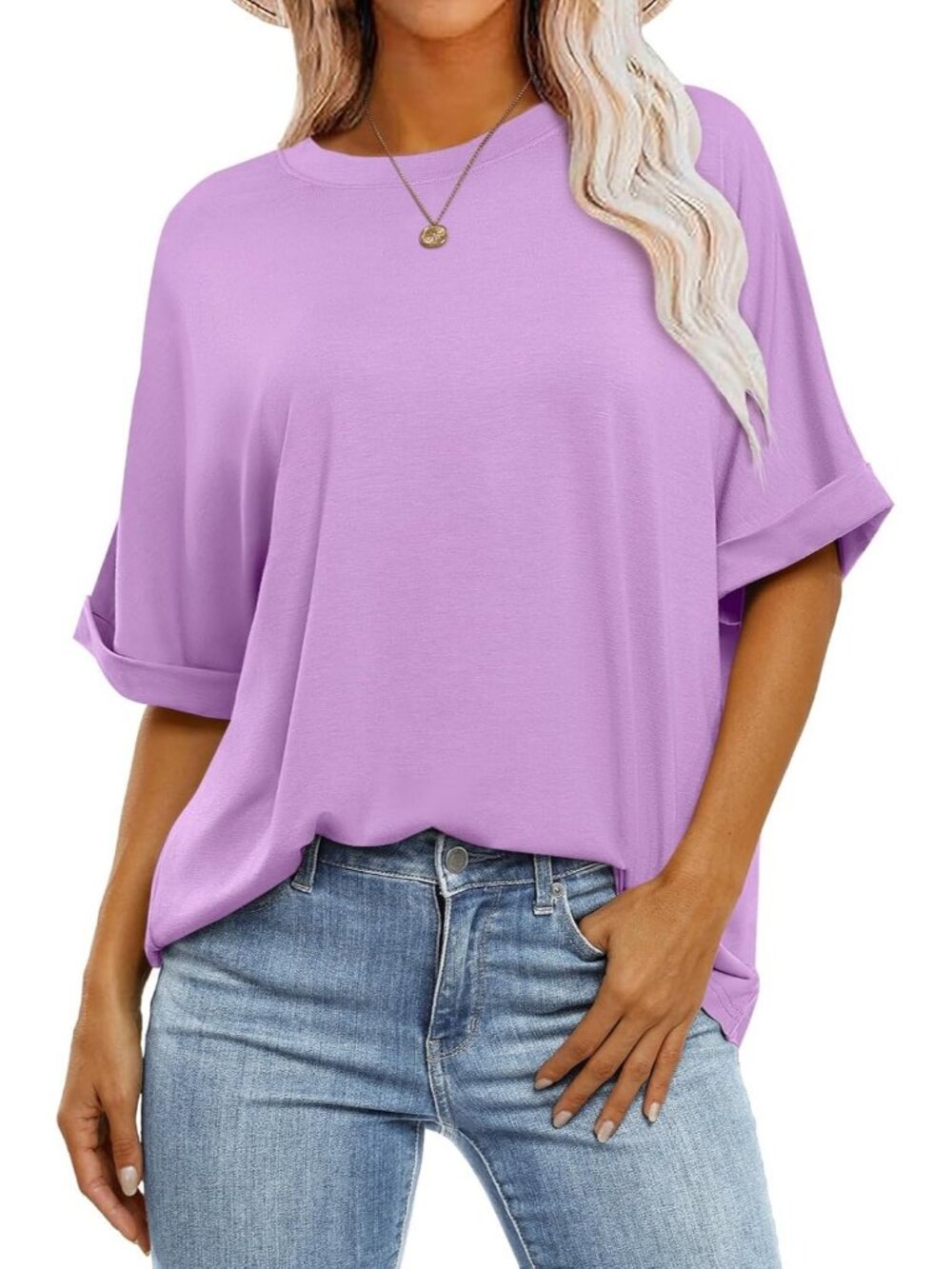 Women's Lilac Crewneck Oversized T Shirt Short Sleeve Summer Casual Trendy Tops